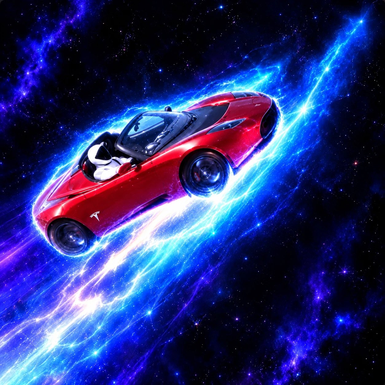 A red Roadster with a spacesuited driver streaking through a blue-violet galaxy